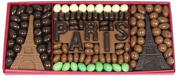 Bo&icirc;te mot d&eacute;cal&eacute; Paris, 2 tours Eiffel et drag&eacute;es chocolat&eacute;es