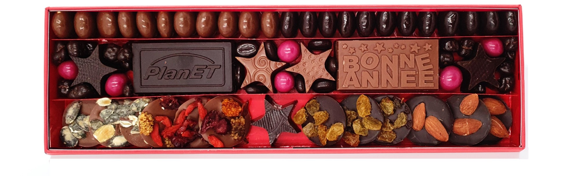 Coffret Gourmand, mini plaques, palets de fruits secs, dragées