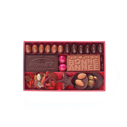 Coffret Gourmand, mini plaques, palets de fruits secs, dragées / Cadeaux d'affaires en chocolat