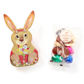 Lapin en métal  garni chocolats de Pâques Jadis et Gourmande