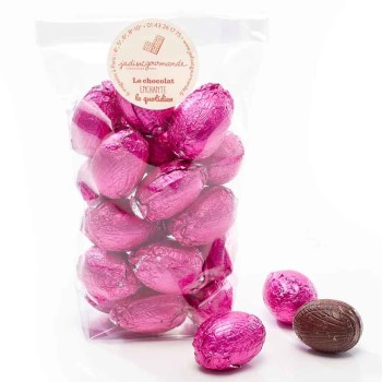 Sachet fuschia 200g œufs Pâques NOIR praliné amandes Jadis et Gourmande
