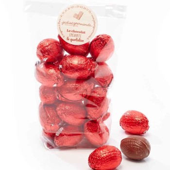 Sachet rouge 200g œufs Pâques Chocolat lait praliné croustillant Jadis et Gourmande