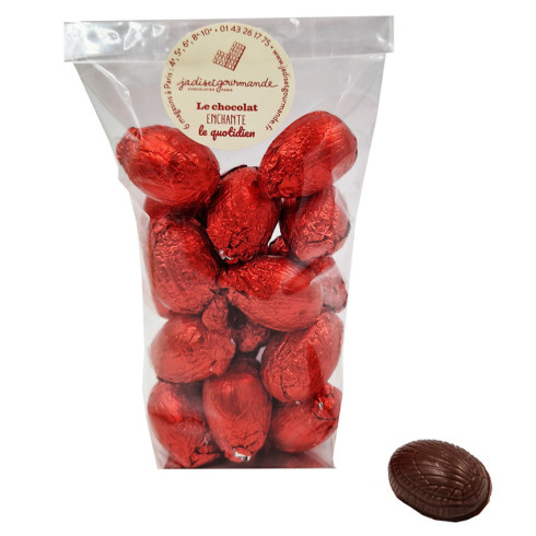 Sachet rouge 200g œufs Pâques Chocolat lait praliné croustillant / Fritures de Pâques en chocolat